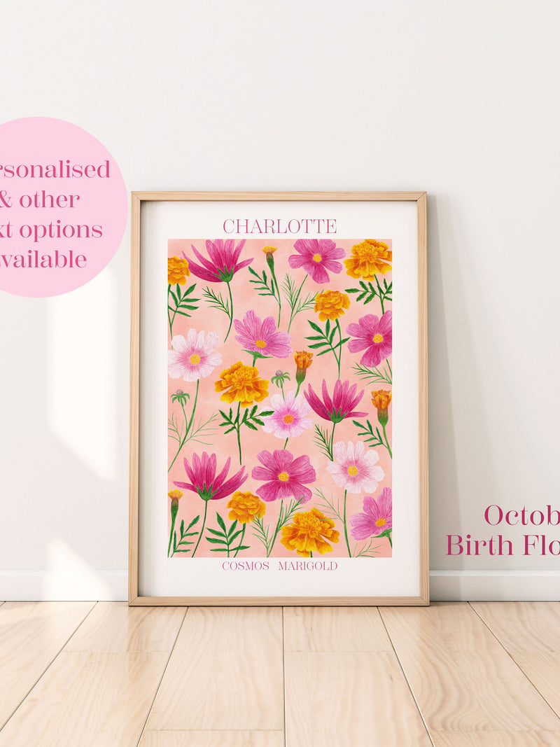 Personalised October birth flowers art print, Marigold print, October birthday gift, Botanical flowers wall print, Pink cosmos flower art birthday flower