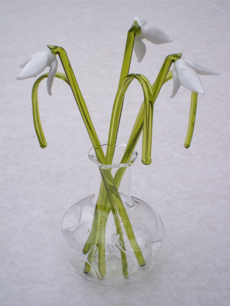 Handmade Glass Snowdrop Flowers, Decorative Grass and fluted Vase Set house warming flower