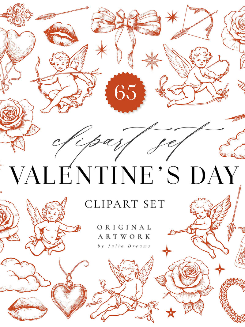 Valentine's Day Clipart - Heart Clip Art Valentine PNG - Sweets Balloon Cupid - Instant Download - Rose Kiss Bird - Digital Clipart Flower Love Romance Flower