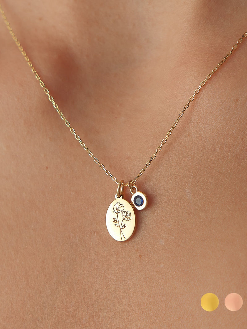 Minimalist Birth Flower Necklace with Birthstone Charm (Sterling Silver) wedding flower