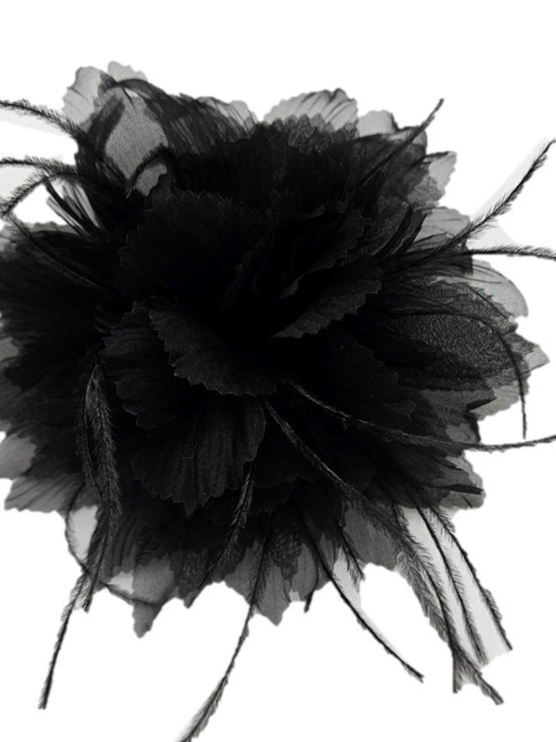 M&S Schmalberg 5.5" Black Silk Organza Mum Flower with Black Feathers Brooch Pin Handmade in USA silk flower
