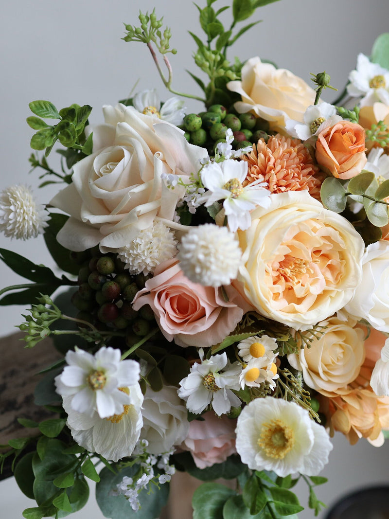 Peach Champagne WildFlowers Wedding Bouquet, Spring Boho Silk Daisy Flowers Bridal Bouquet, Artificial Green Folk bouquets, Real Touch Roses Bouquet