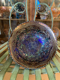 Carnival Glass Two Flowers Blue Round Bowl. Spatula Footed. 7.5 inches diameter. Produced by Fenton 1920Õs. flower spore