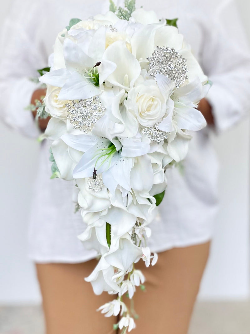 White Cascading Wedding Bouquet with High Quality Orchids, Roses, and Mint and Dark Green Foliage. Chirstmas and Winter. Brooches Optional Bouquet