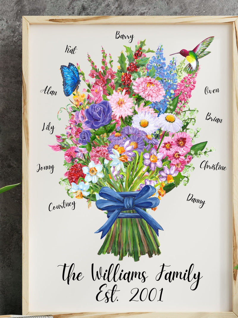 Personalized Birth Flower Art, Birth Flower Print form Original Painting, Family Christmas Gift, Housewarming Present, Family Flower bouquet house warming flower