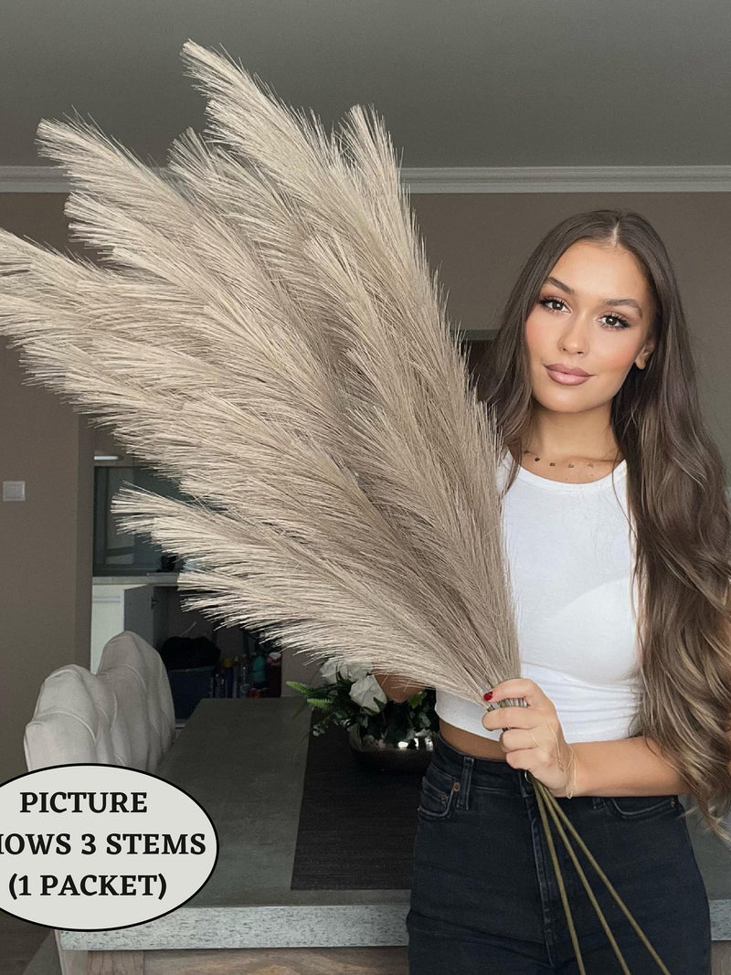 x3 STEMS 115cm Extra Large Tall Fluffy TAUPE Fake Faux Artificial Pampas Grass Feathers Floor Vases Fillers Boho Chic Home Decor faux plants