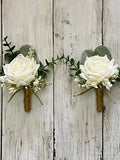 Boho ivory rose boutonniere with eucalyptu, realistic rose wedding boutonnieres, faux silk homecoming boutonniere, real touch prom wedding flower