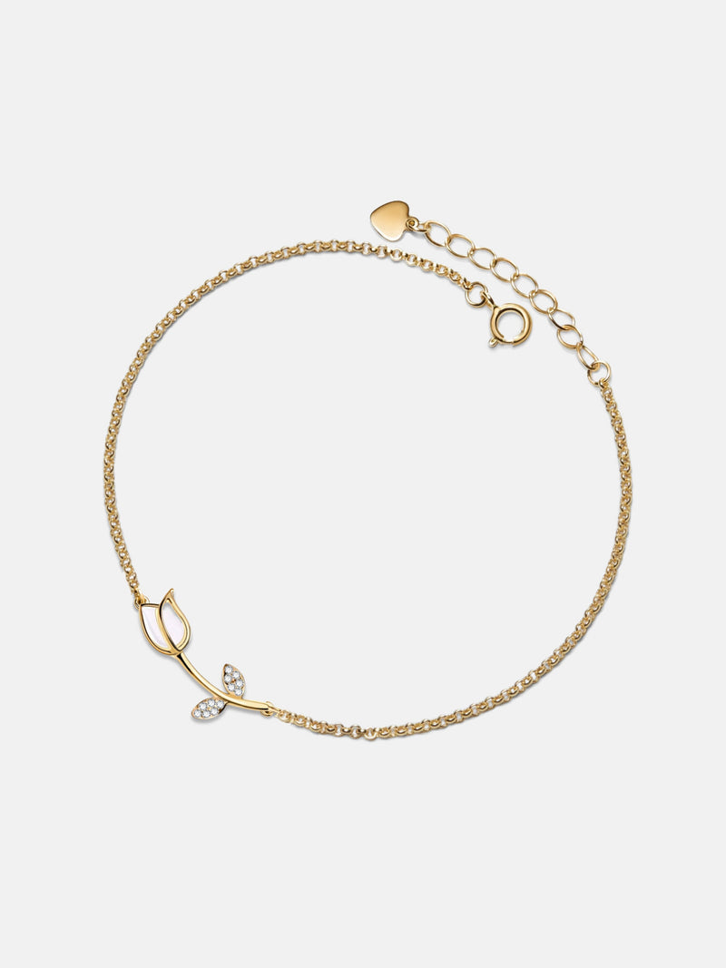 Gold tulip flower anklet with dangling charm, small clear stones, link chain and clasp