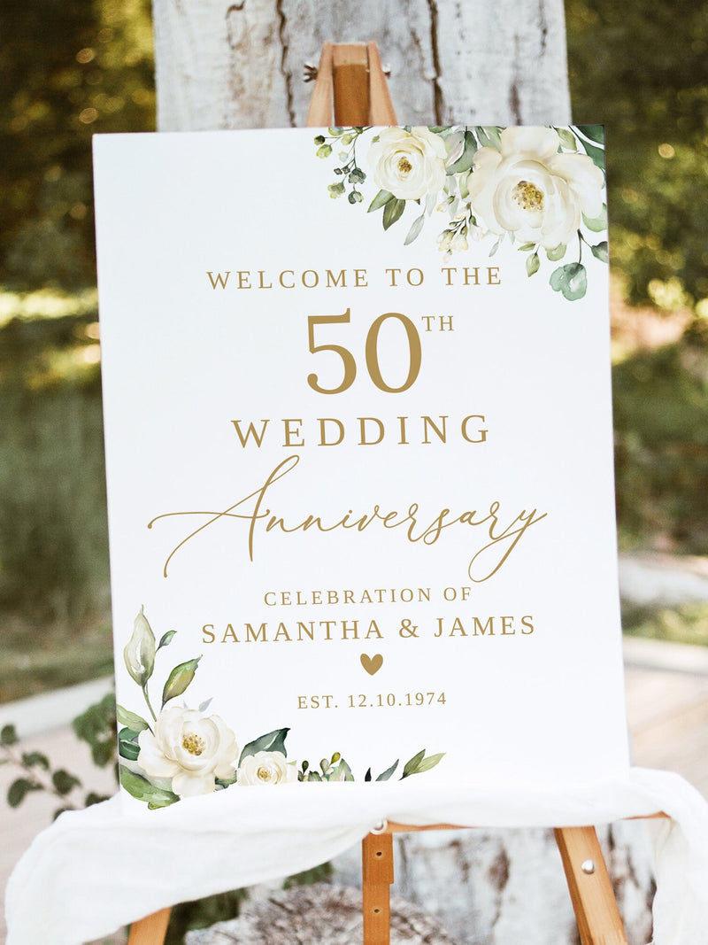 50th Wedding Anniversary Welcome Sign, Floral Wedding Anniversary Sign, Happy Anniversary Decor, White Flowers, Golden Wedding Sign, B27 ANNIVERSARY