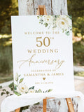 50th Wedding Anniversary Welcome Sign, Floral Wedding Anniversary Sign, Happy Anniversary Decor, White Flowers, Golden Wedding Sign, B27 ANNIVERSARY