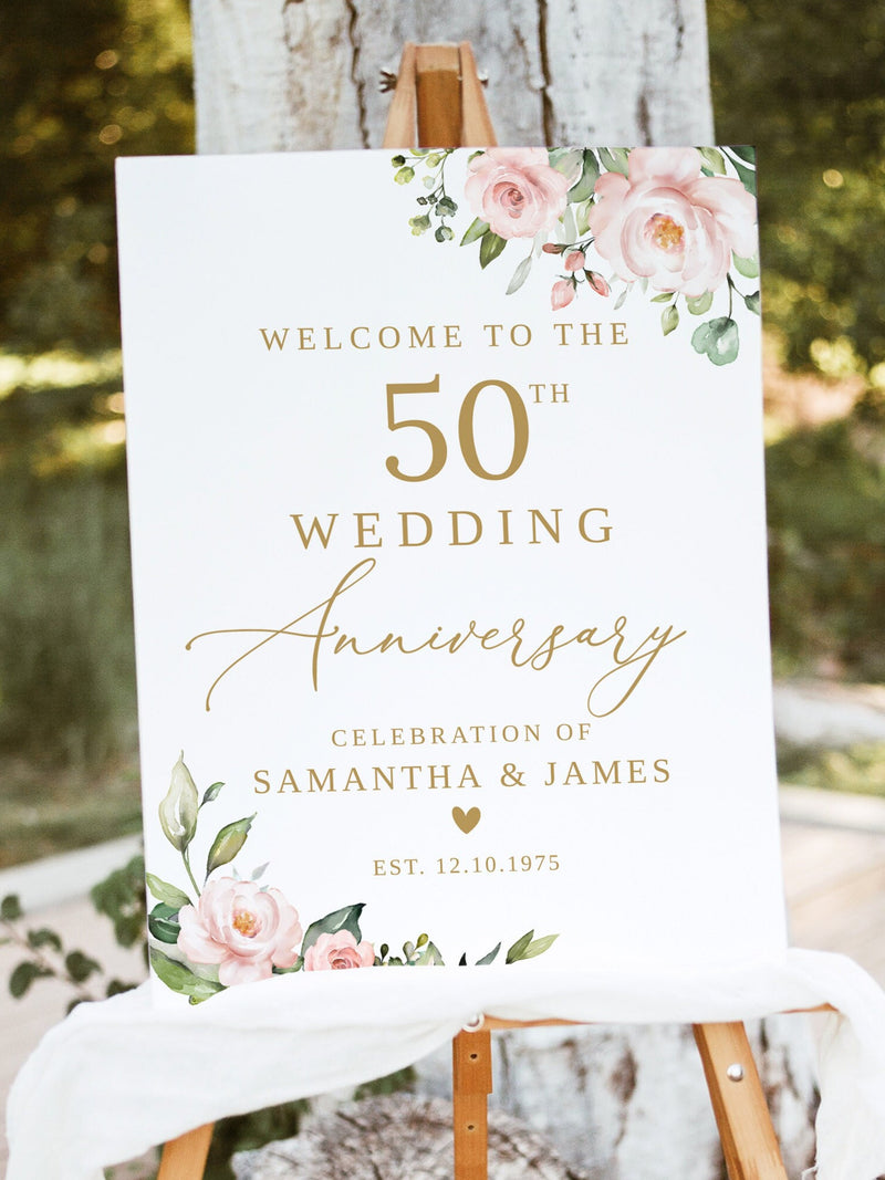 50th Anniversary Welcome Sign, Blush Wedding Anniversary Sign, Happy Anniversary Decor, Blush Pink Flowers Golden Wedding Sign, B28 ANNIVERSARY