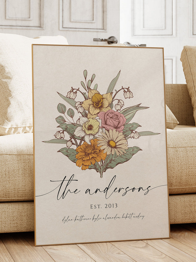 Personalized Christmas Gift for Mom, Birth Flower Family Bouquet Printable, Custom Holiday Gift, Edit in Canva, Instant Download Wall Art birthday flower