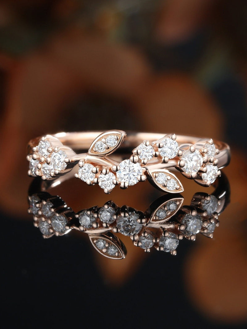 Floral Moissanite Wedding Band Leaf Band Cluster Band stacking matching band unique Vintage promise anniversary ring rose Gold,Bridal band wedding flower