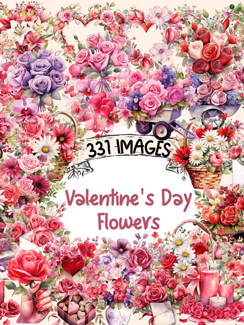 Valentine's Day Flowers Watercolor Clipart: 331 PNG Floral Images (Digital Download) Love Romance Flower