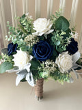 Boho bridal bouquet, Navy & white roses, greenery wedding bouquet,silk artificial eucalyptus sage bridesmaid bouquet, corsage, boutonni�res wedding flower