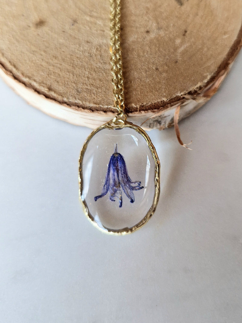 Real bluebell necklace pressed flower floral birthday gift gold silver gift for her mother February in box sympathy fairy boho oval blue sympathy flower