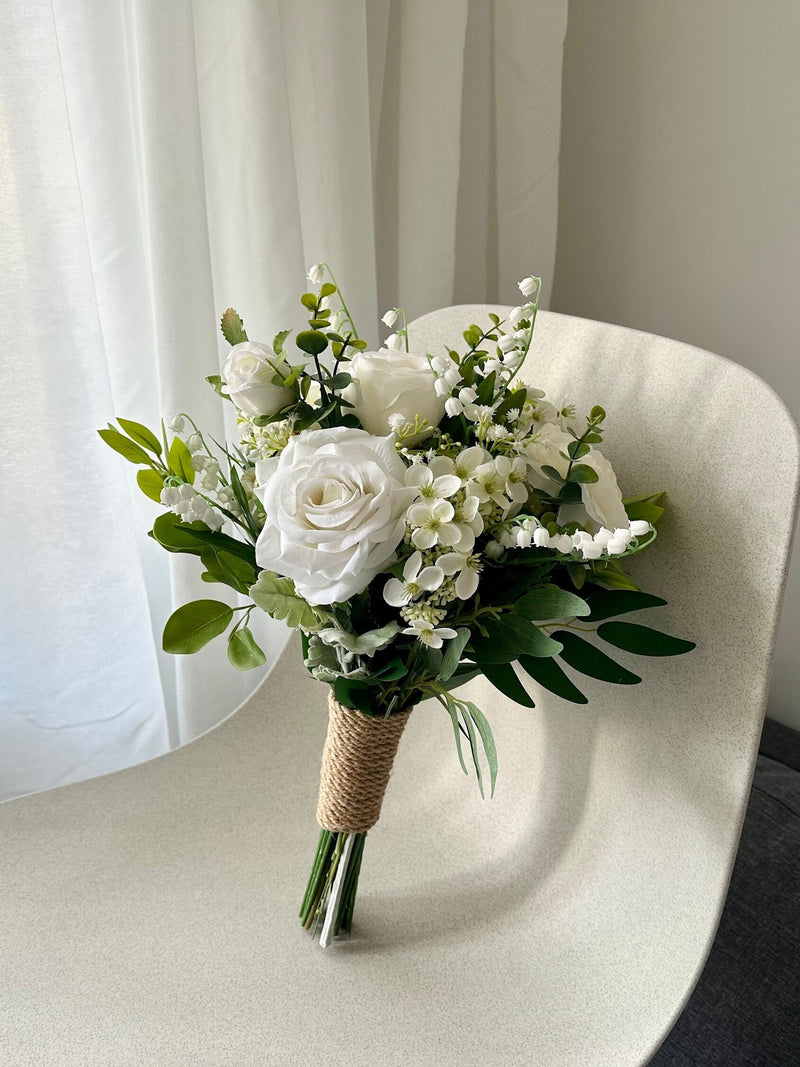 Petite White Rose Wedding Bouquet: Silk Eucalyptus Greenery 10" Hand Tied wedding flower