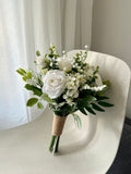 Petite White Rose Wedding Bouquet: Silk Eucalyptus Greenery 10" Hand Tied wedding flower