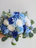 Royal Blue & Dusty Blue Fake Flowers Wedding Bouquet, Real Touch Roses, Wild Flowers, Blue White Spring Summer Bridal Bouquets/Boutonnieres wedding flower