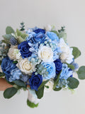 Royal Blue & Dusty Blue Fake Flowers Wedding Bouquet, Real Touch Roses, Wild Flowers, Blue White Spring Summer Bridal Bouquets/Boutonnieres Bouquet