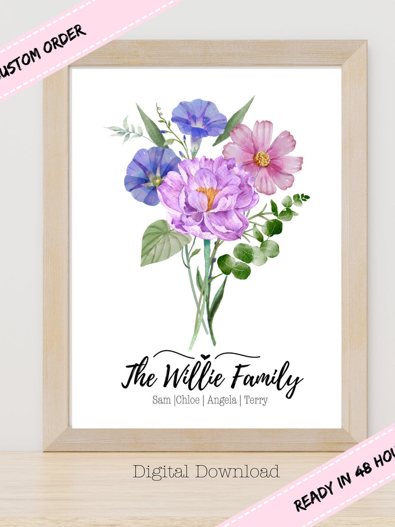 Custom Watercolor Birth Flower Bouquet: Family Keepsake (Digital Download) birthday flower