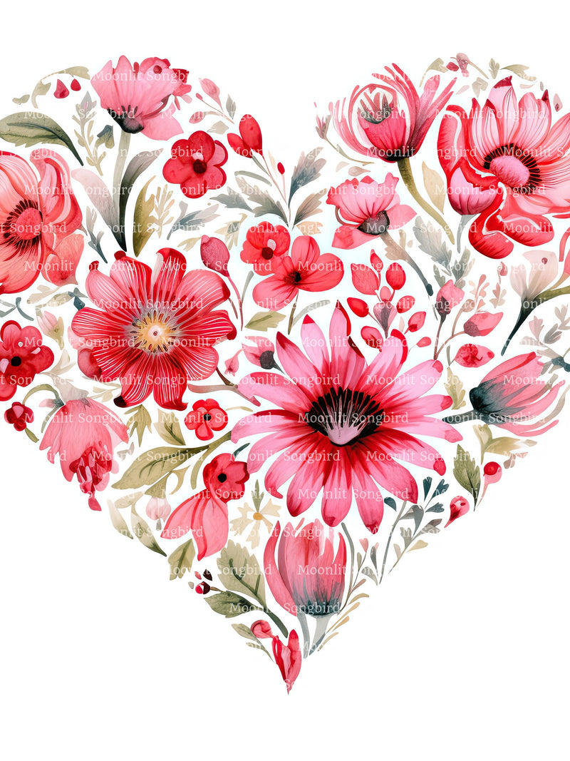 12 Floral Heart Clipart, Digital Download, Printable Watercolor Clipart, Paper Crafts, Cute Heart of Flowers, High Quality JPG, Junk Journal Love Romance Flower