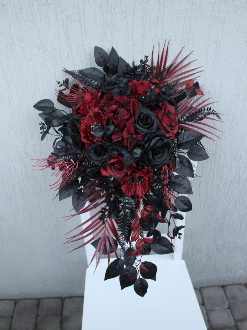 Burgundy black bouquet, gothic cascading  bouquet, moody bouquet, wedding decor, silk flower bouquet Bouquet