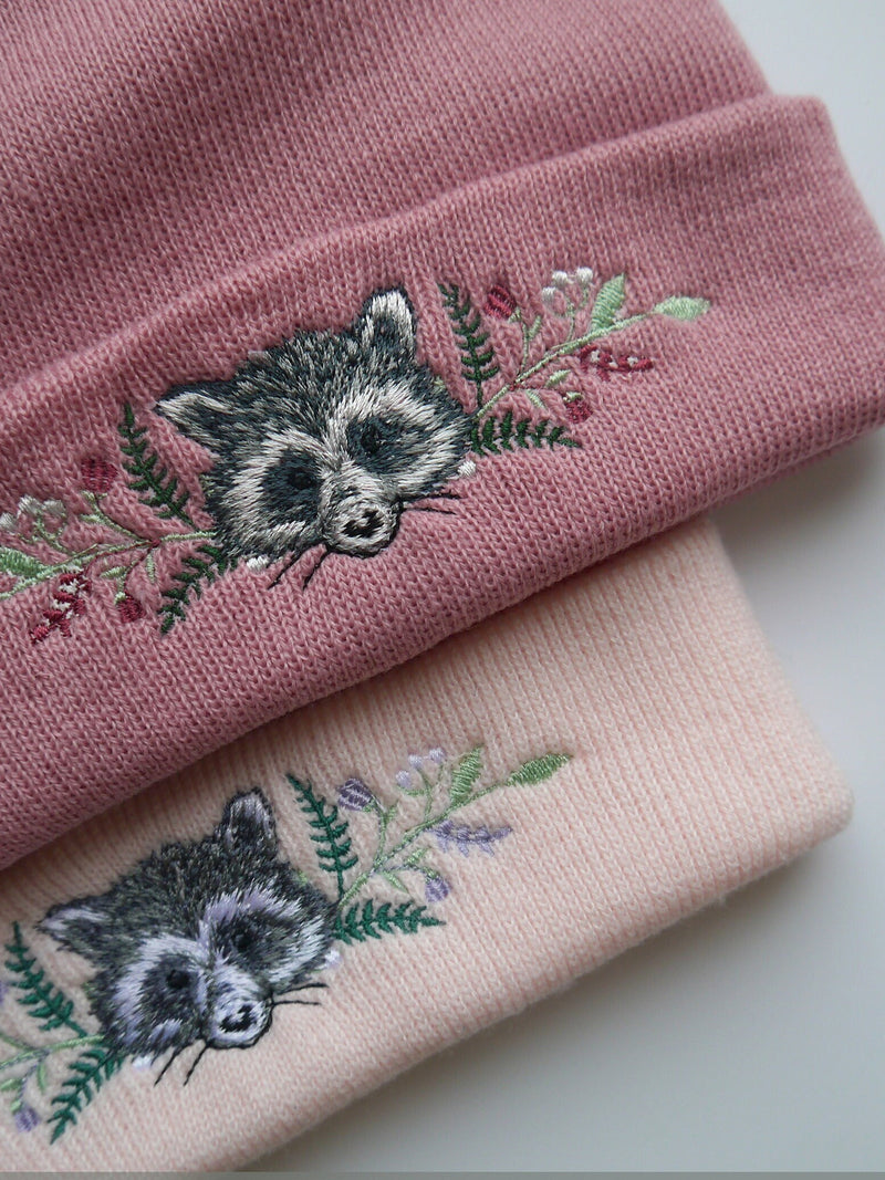Lovely Floral Racoon Embroidered Beanie - More Colours - Free Delivery - Trash Panda FLOWER DELIVERY