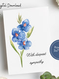 Printable Sympathy Card, Blue Flowers, Floral, Bereavement Card, Condolences Card, Sorry For Your Loss, Download sympathy flower