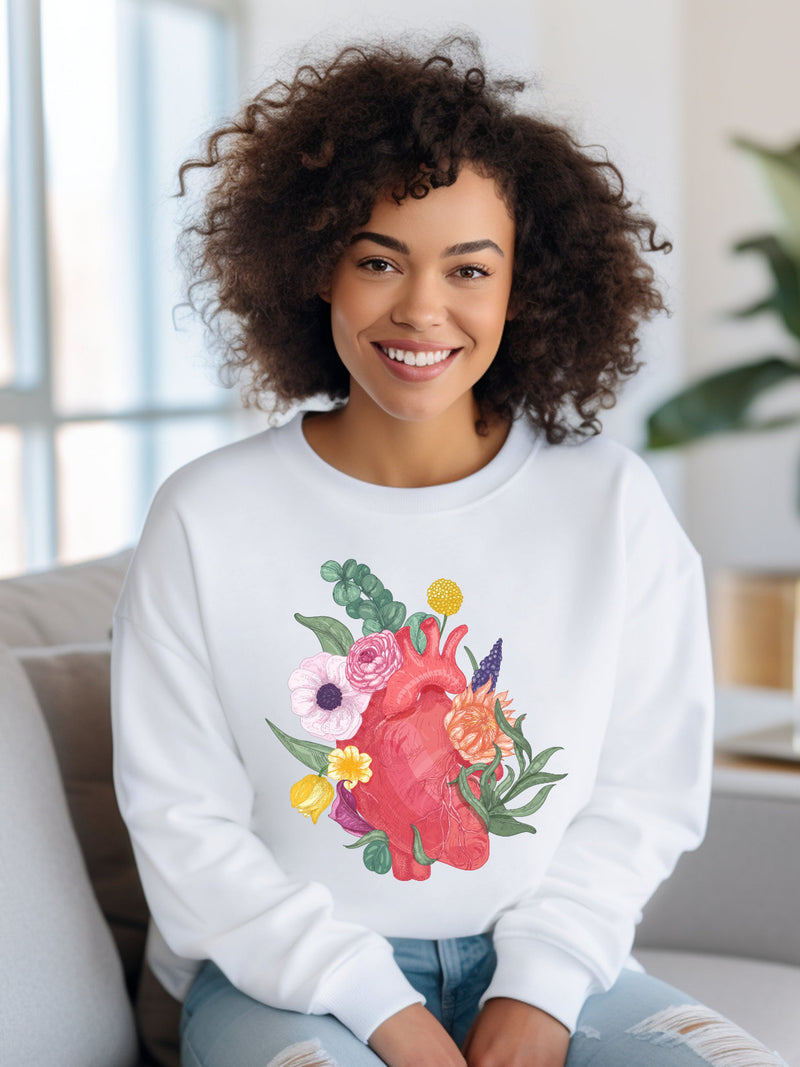 Petals Of Affection Female Sweatshirt, Flowery Heart, Romantic Blooms Apparel, Whispers Of Valentine Romance, Blossoming Love Sweatshirt Love Romance Flower