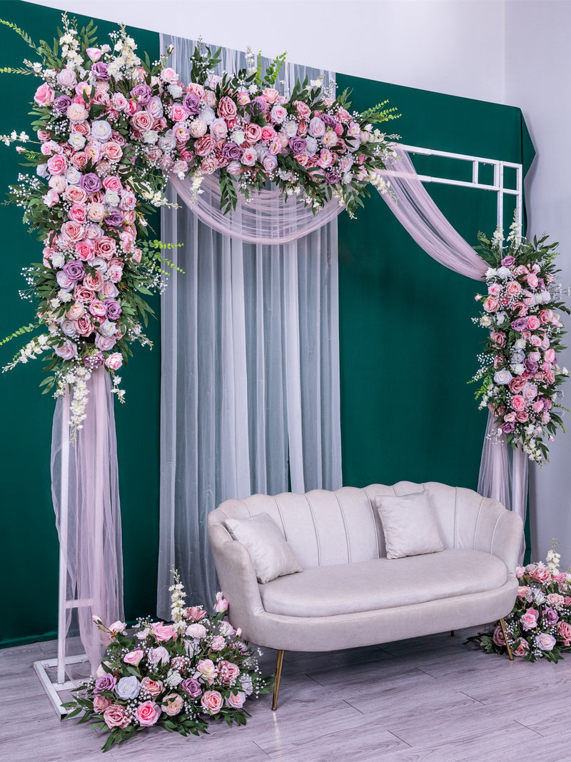 Wedding Flower Arrangement: Pink, Purple & White Rose Arch Decor wedding flower