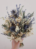 Natural Blue Thistle Cream Baby Breathing Dried Flower Bridal Bouquet, Bohemian Wedding Dried Flowers, Sage Green Eucalyptus Leaf Bouquet Bouquet