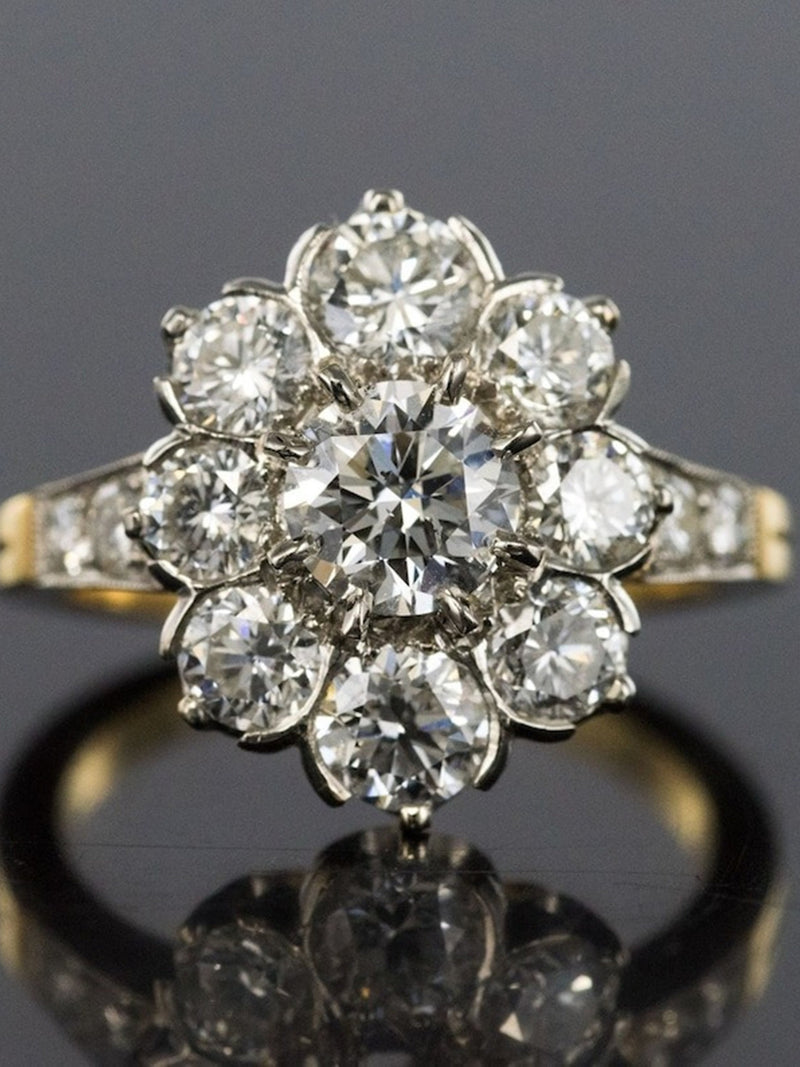 2.06TCW Round Moissanite Diamond Floral Inspire Ring, Half Bezel Set Ring, Vintage Style Wedding Ring, Two Tone Gold Engagement Promise Ring flower spore