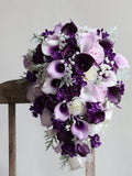 Faux Purple Flowers Cascading Bridal Bouquet, Spring Summer Wedding Bouquet, Real Touch Calla Lily, Rose, Lily, Handmade Bouquet/Boutonniere wedding flower