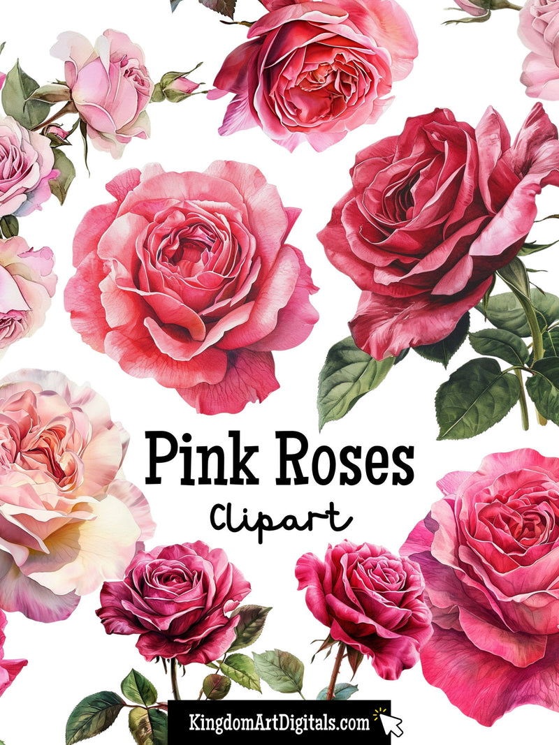 Pink Roses Clipart Set | Watercolor Flower clip art, Floral png, Love PNG Bundle, Romance clip art, I Love You, Rose, Valentines Day, Frame Love Romance Flower