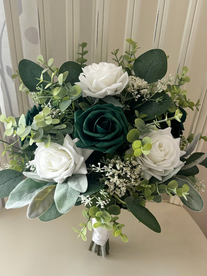 Boho bridal bouquet, emerald forest green & white roses with greenery wedding bouquet, eucalyptus  bridesmaids, wrist corsage, boutonni�re Bouquet