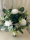 Boho bridal bouquet, emerald forest green & white roses with greenery wedding bouquet, eucalyptus  bridesmaids, wrist corsage, boutonni�re Bouquet