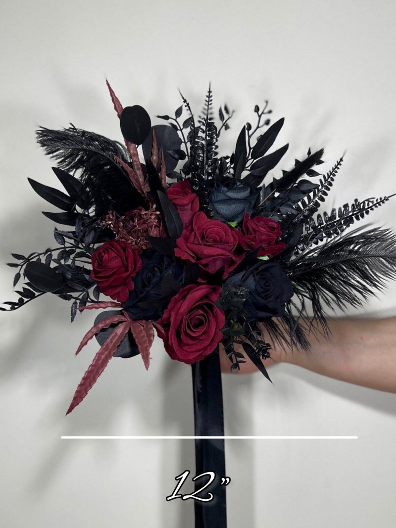 Wedding Bouquet Black Ostrich Feathers Burgundy Bridal Gothic Wedding Halloween Bouquet Bridesmaids Black Decor Burgundy Artificial Flowers Bouquet