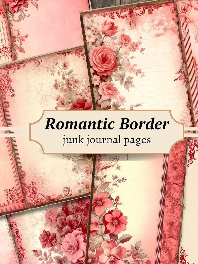 Romantic Border Junk Journal Pages, Digital Scrapbook Paper Kit, Rose Printable, Valentine Collage Sheet, Vintage Ephemera, Love Romance ATC Love Romance Flower
