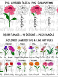 Birthday flower SVG PNG bundle, Birthday Svg files Birth month flowers Layered svg for Cricut Wild flowers Cut File Customize With Names birthday flower