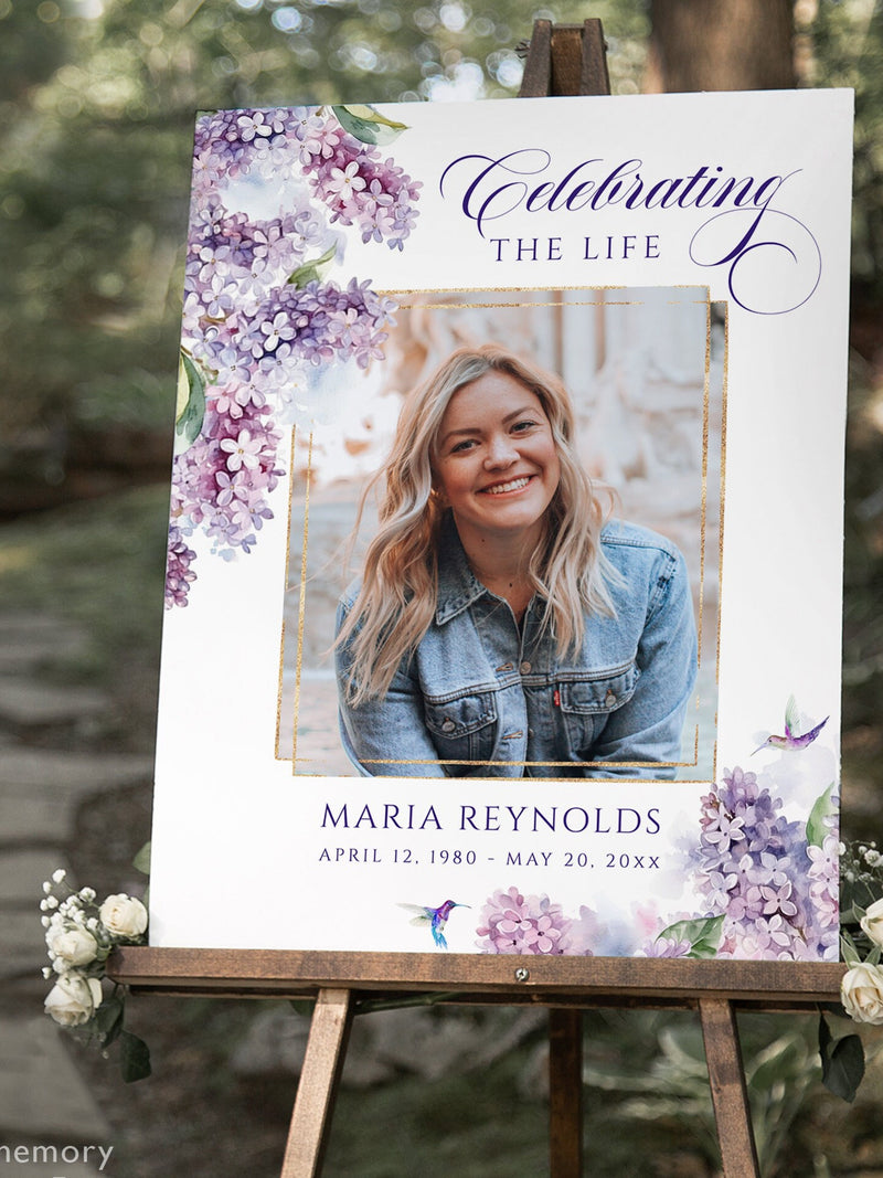 Lilac floral Funeral Sign Lilac humming bird Memorial Service Violet Lilac Celebrating the Life Sign Purple flower in loving memory sign sympathy flower