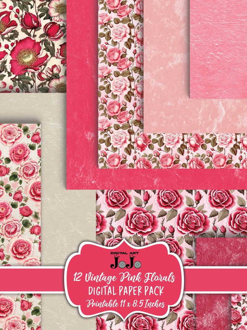 Valentine Junk Journal Digital Paper, Roses Scrapbook Pages Set, Red Pink Collage Sheets, Love Flowers Crafts, Printable Romantic Download Love Romance Flower
