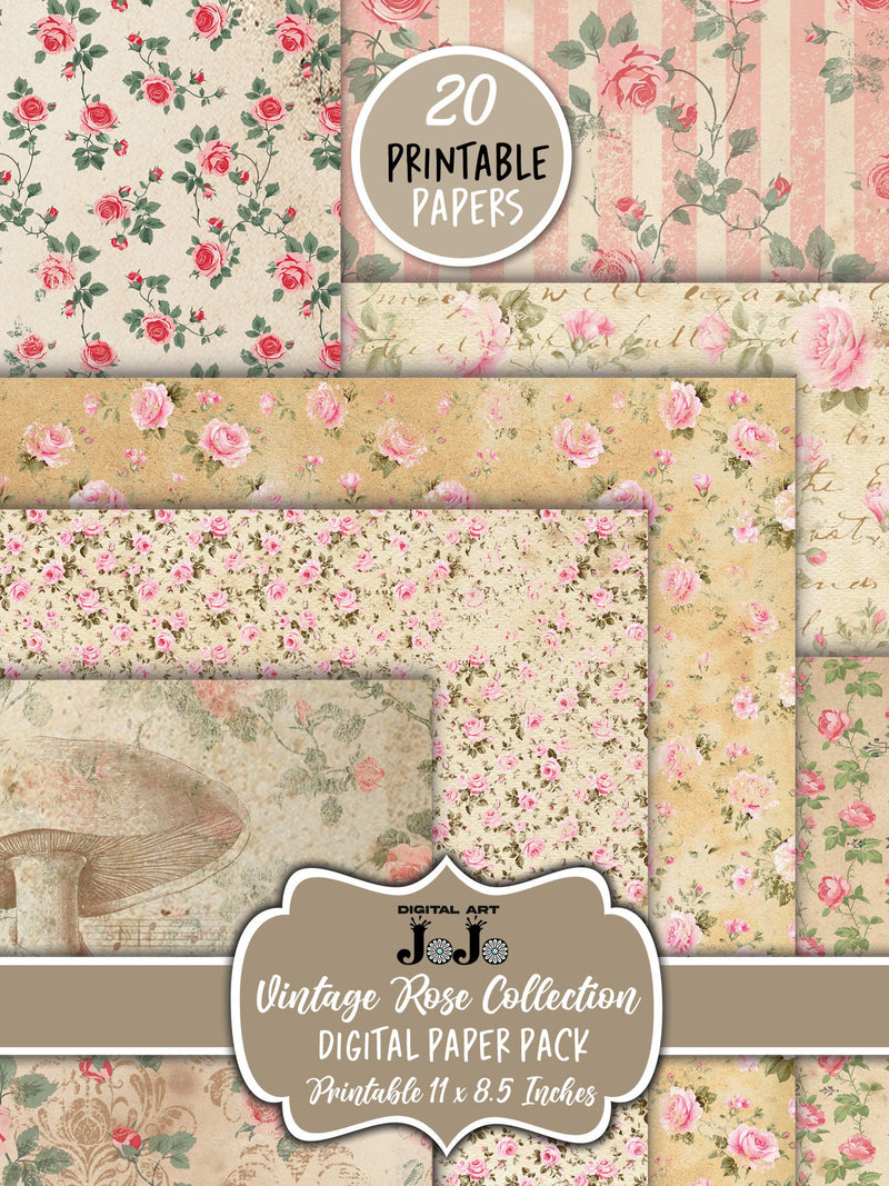 Vintage Junk Journal Papers, Printable Rose Scrapbook Pages, Floral Collage Media, Flowers Ephemera Theme, Digital Valentine Love Romantic Love Romance Flower