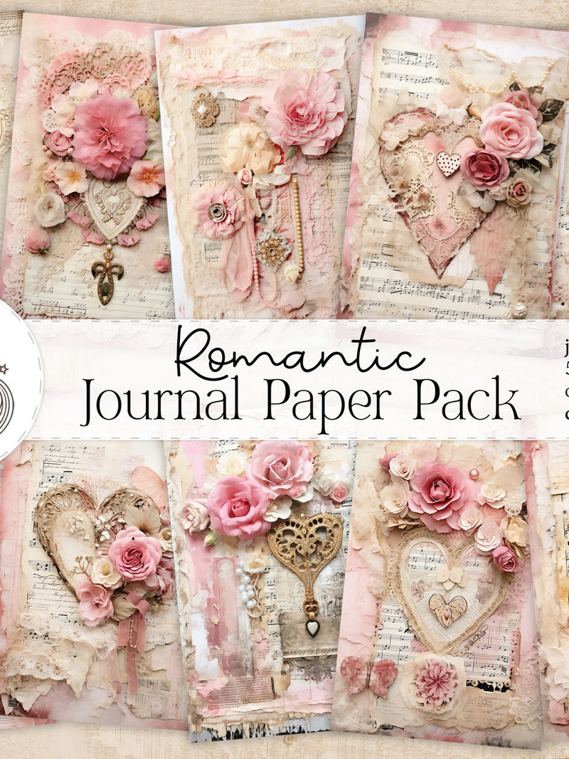 Romantic Junk Journal Pages: Pastel Vintage Papers with Hearts, Florals, and Antique Details Love Romance Flower