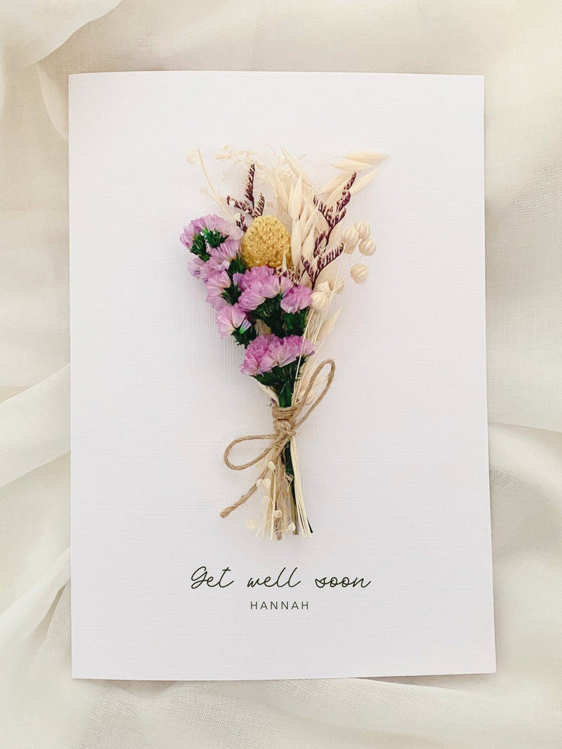 Personalised Get well soon card thinking of you, sending love and sympathy, Dried Flower, feel better soon get well card , Floral Card sympathy flower