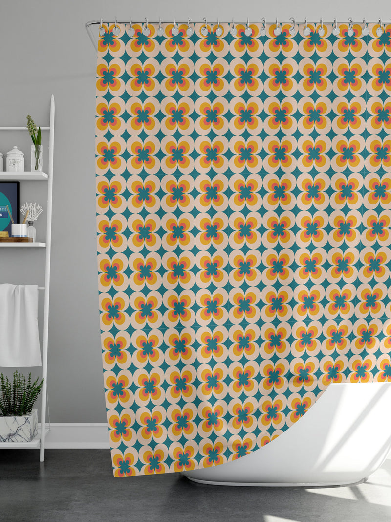 Orange flower retro Shower Curtain, blue floral Mid-century 70s vintage colorful Bathroom Curtain Mat, Home bath Decor, House warming Gift house warming flower