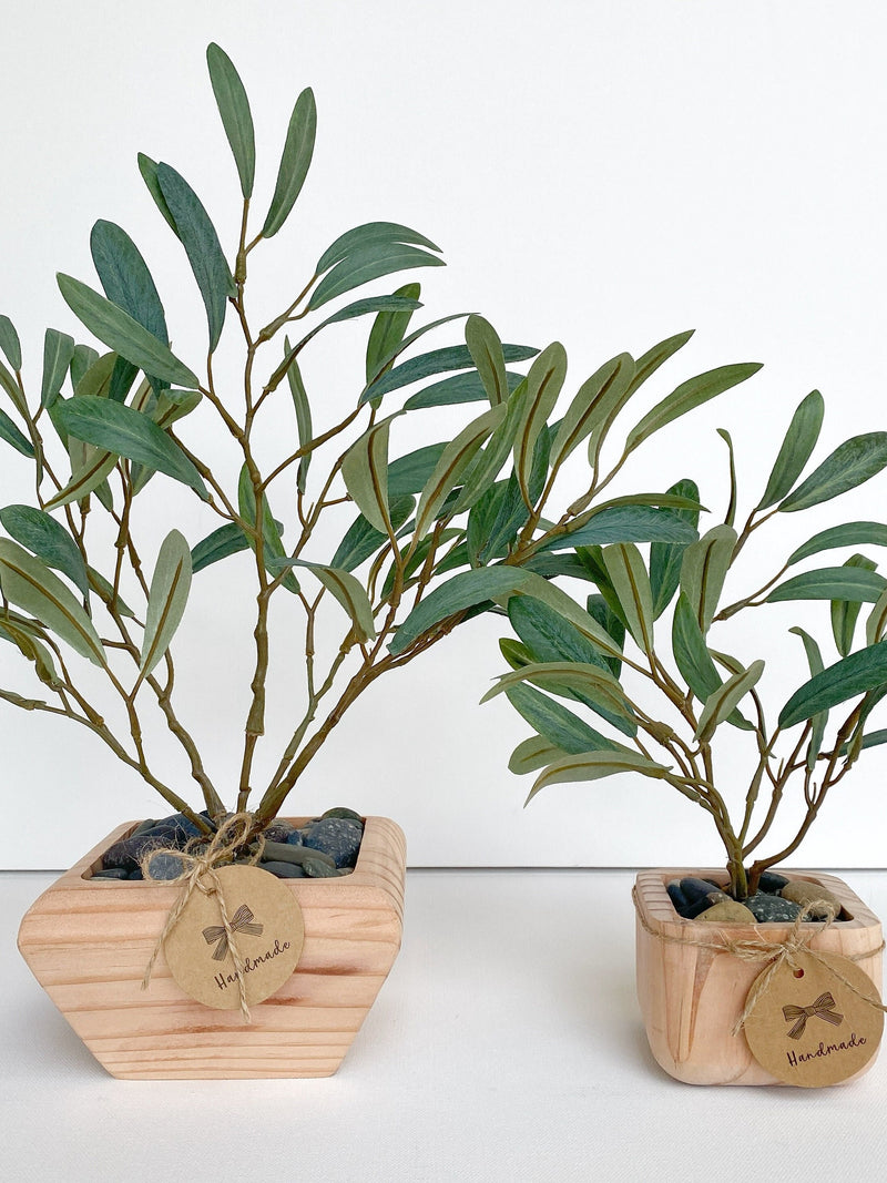 Artificial Olive Tree in Handmade Wood Pot -  Small Faux Olive Tree Fruitless - High Quality Silk Plant faux plants