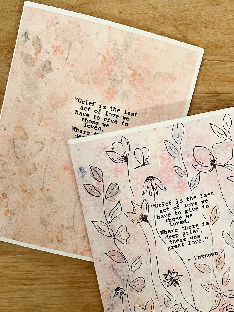 Grief card, handmade card, pink flowers, with sympathy, watercolor painting, great love, mourning gift, typed quote, deep grief, loss of mom sympathy flower