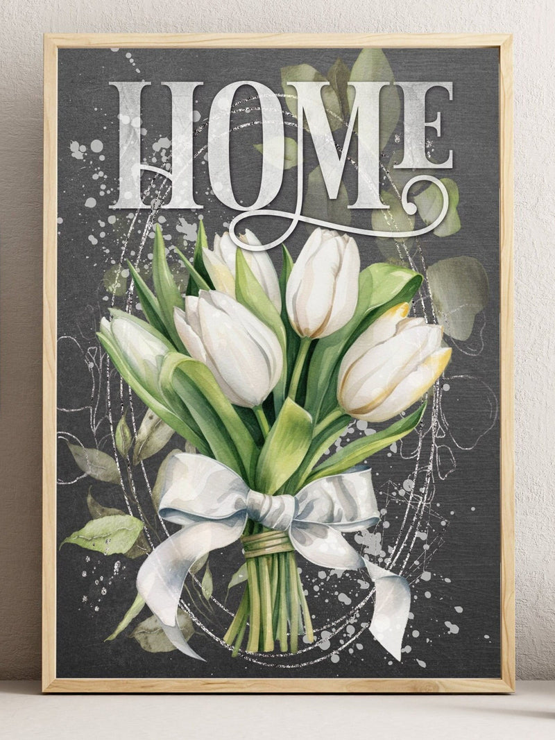 HOME Wall Decor, White Tulips Print, Spring Wall Art, House Warming Gift, New Home, Digital Wall Art, Bouquet of Flowers, Rustic Chalk Art house warming flower