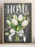 HOME Wall Decor, White Tulips Print, Spring Wall Art, House Warming Gift, New Home, Digital Wall Art, Bouquet of Flowers, Rustic Chalk Art house warming flower